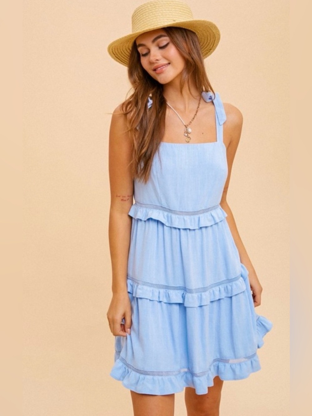 NWT Hem & Thread Light Blue Tiered Ruffle Mini Dress - Picture 2 of 5